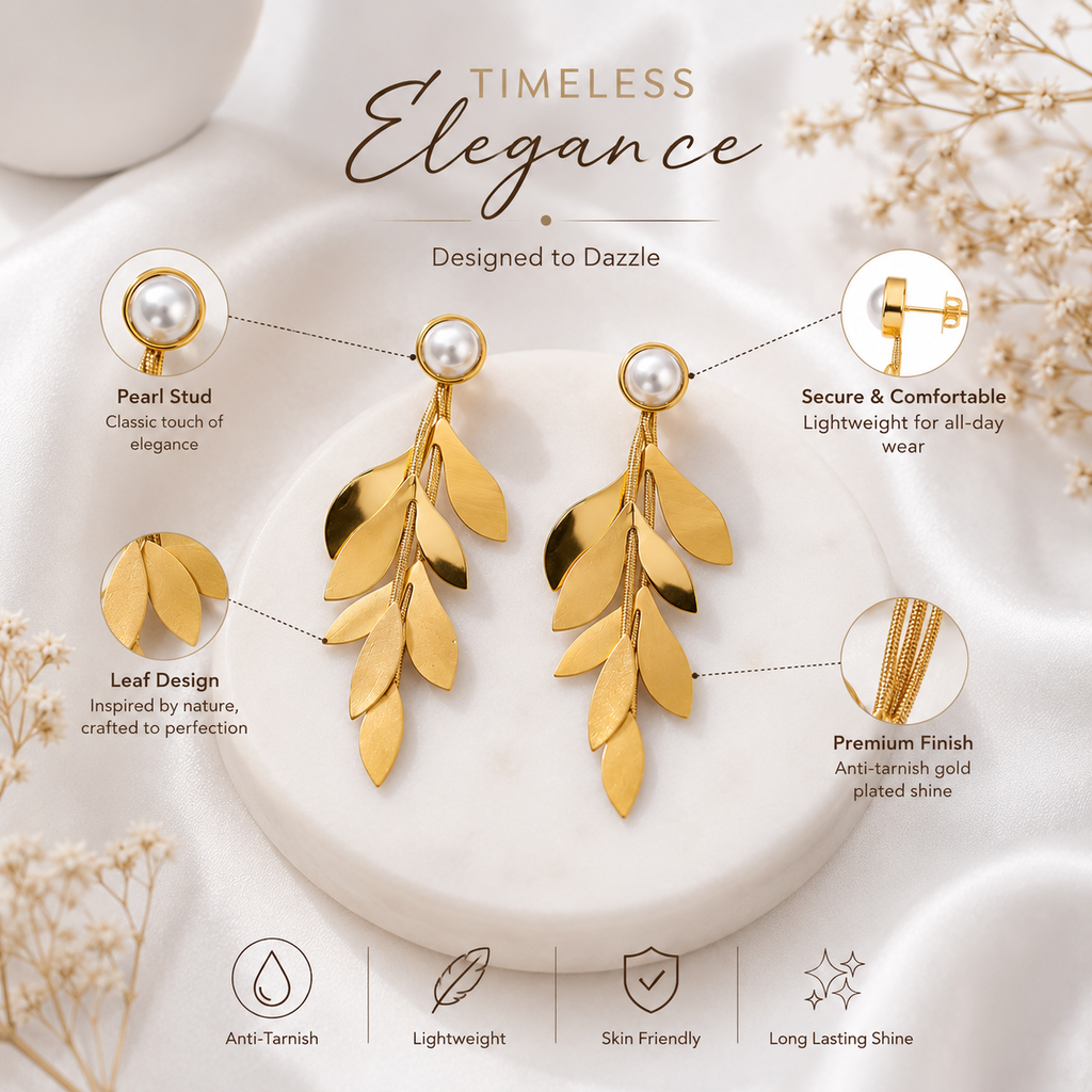 9K Gold Plated Leaf Pearl Drop Earrings for Women | Anti Tarnish
