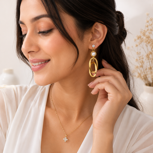 9K Gold Plated Pearl Drop Earrings for Women | Anti Tarnish