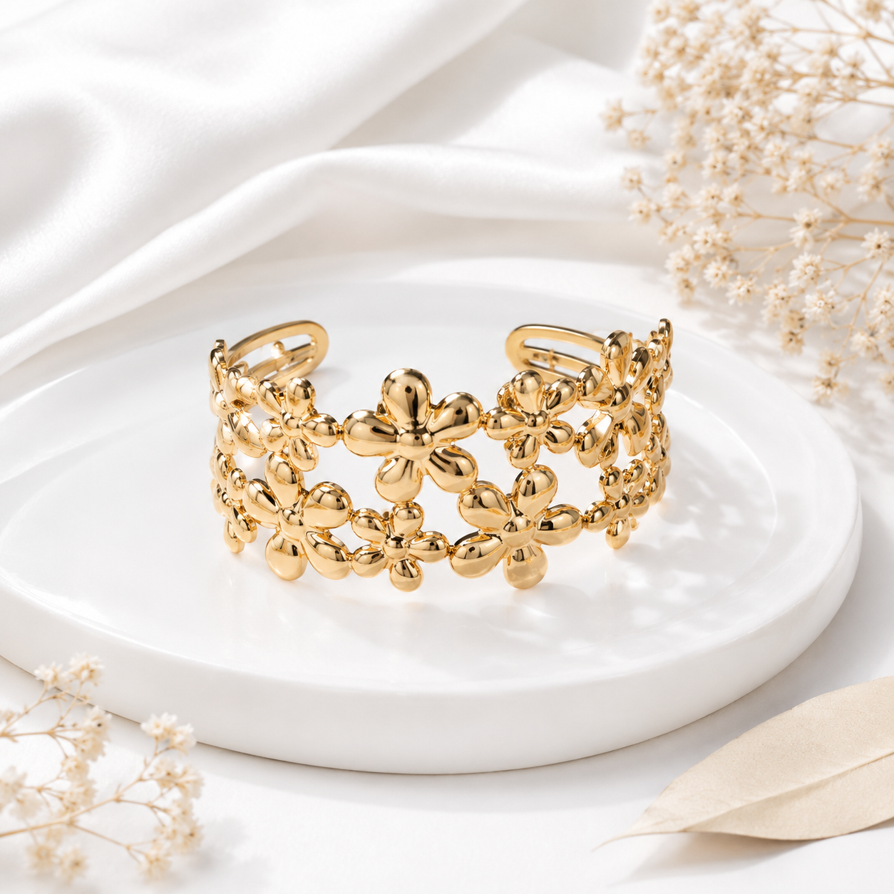 9K Gold Blossom Garden Bracelet for Women | Adjustable Floral Cuff