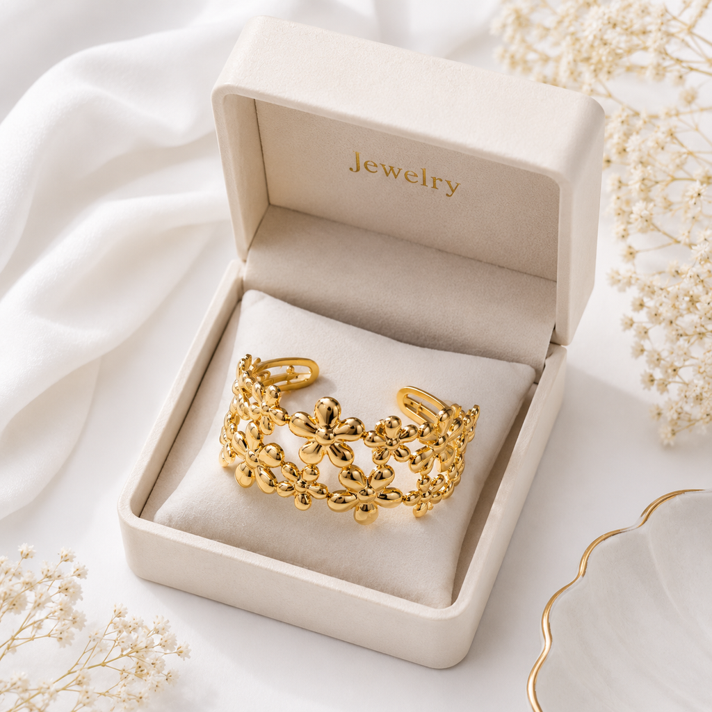 9K Gold Blossom Garden Bracelet for Women | Adjustable Floral Cuff