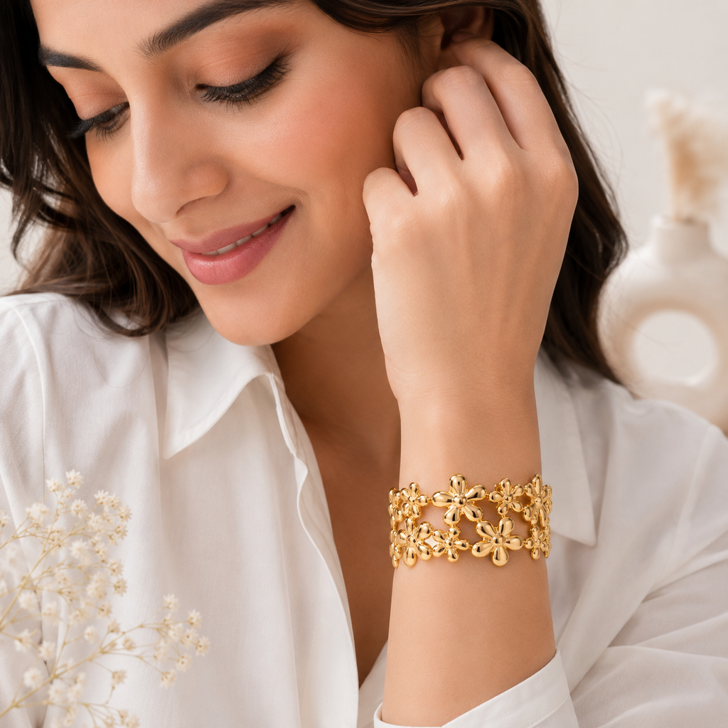 9K Gold Blossom Garden Bracelet for Women | Adjustable Floral Cuff