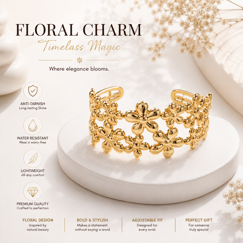 9K Gold Blossom Garden Bracelet for Women | Adjustable Floral Cuff