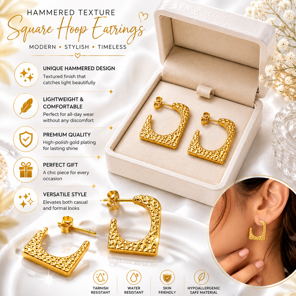 18K Gold Square Hoop Earrings | Anti-Tarnish Jewelry