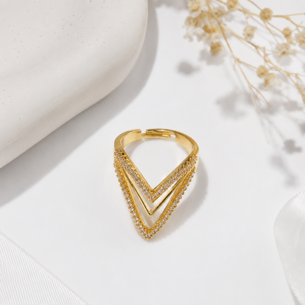 Premium Gold-Plated Triple Chevron Crystal Adjustable Ring for Women