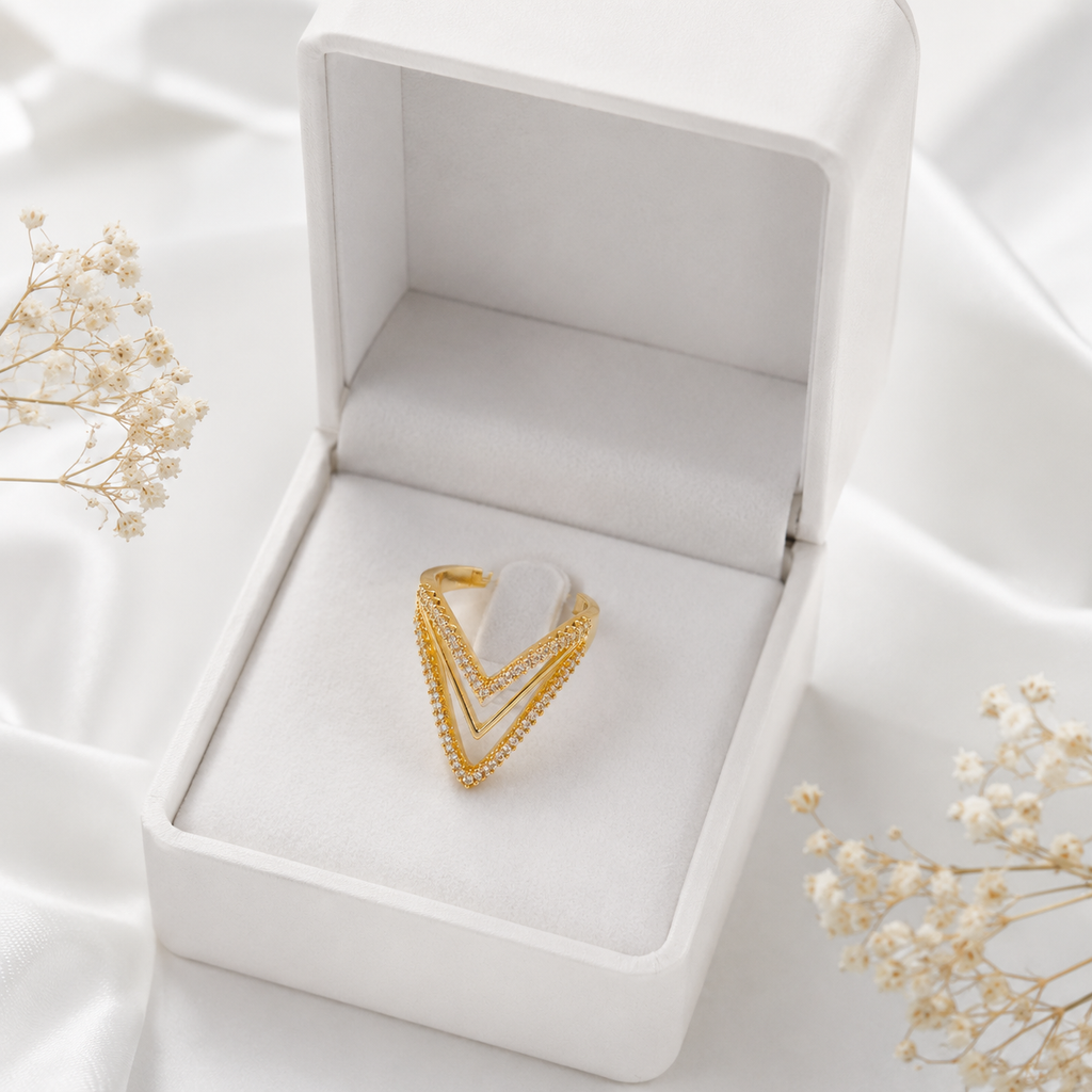 Premium Gold-Plated Triple Chevron Crystal Adjustable Ring for Women