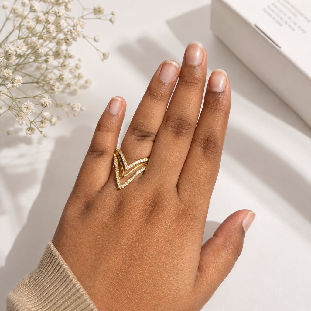 Premium Gold-Plated Triple Chevron Crystal Adjustable Ring for Women
