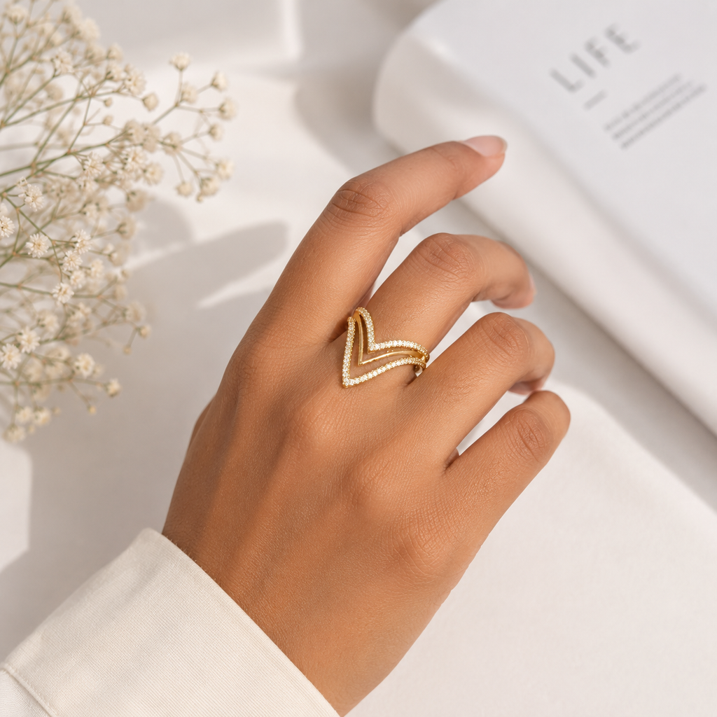 Premium Gold-Plated Triple Chevron Crystal Adjustable Ring for Women