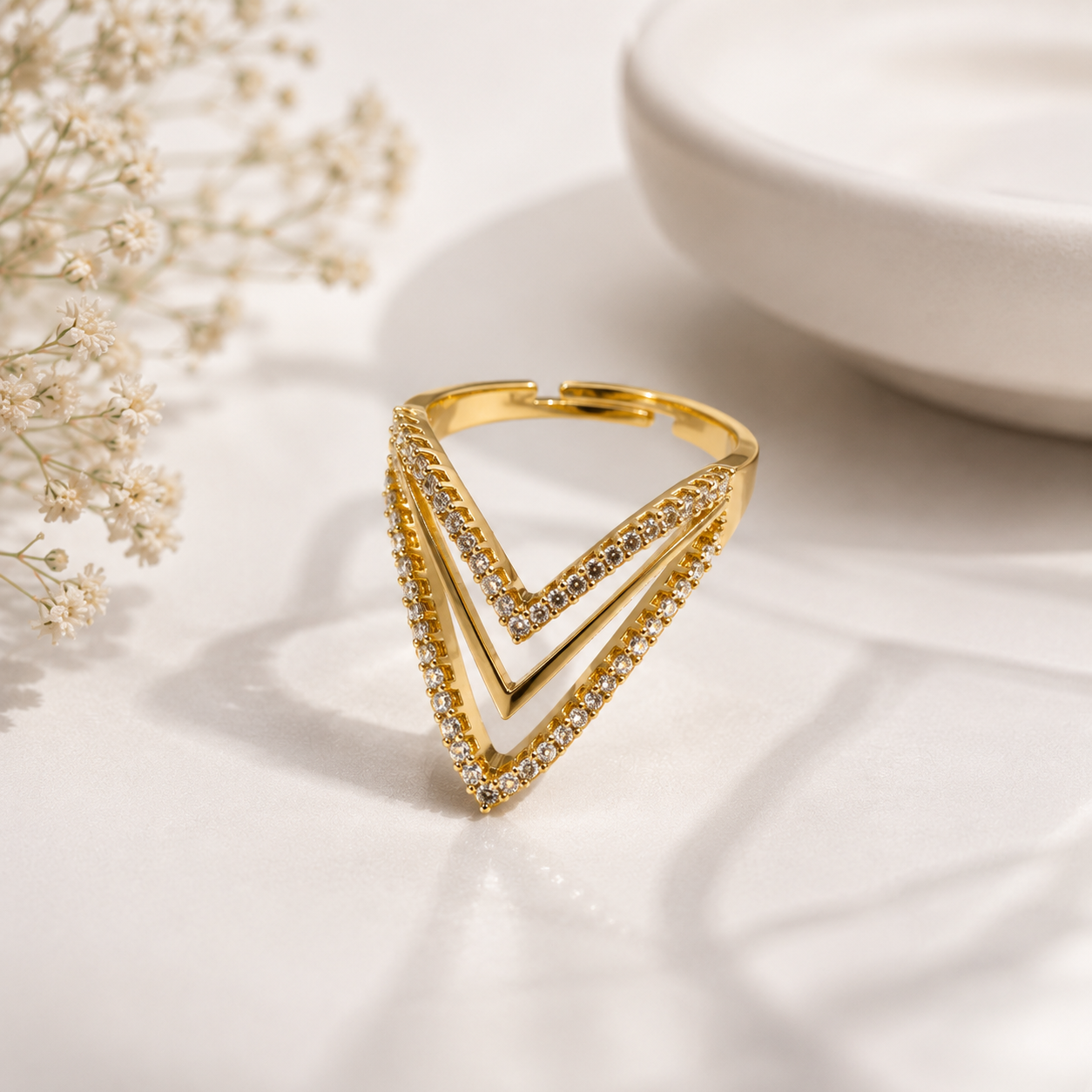 Premium Gold-Plated Triple Chevron Crystal Adjustable Ring for Women