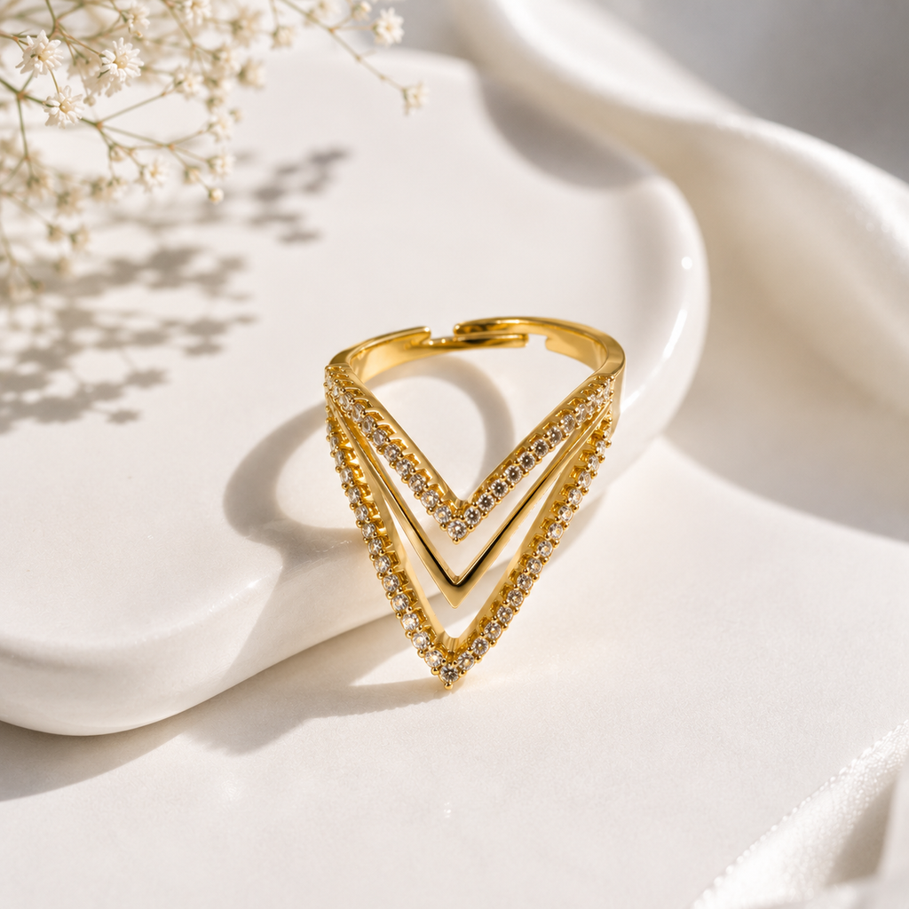 Premium Gold-Plated Triple Chevron Crystal Adjustable Ring for Women