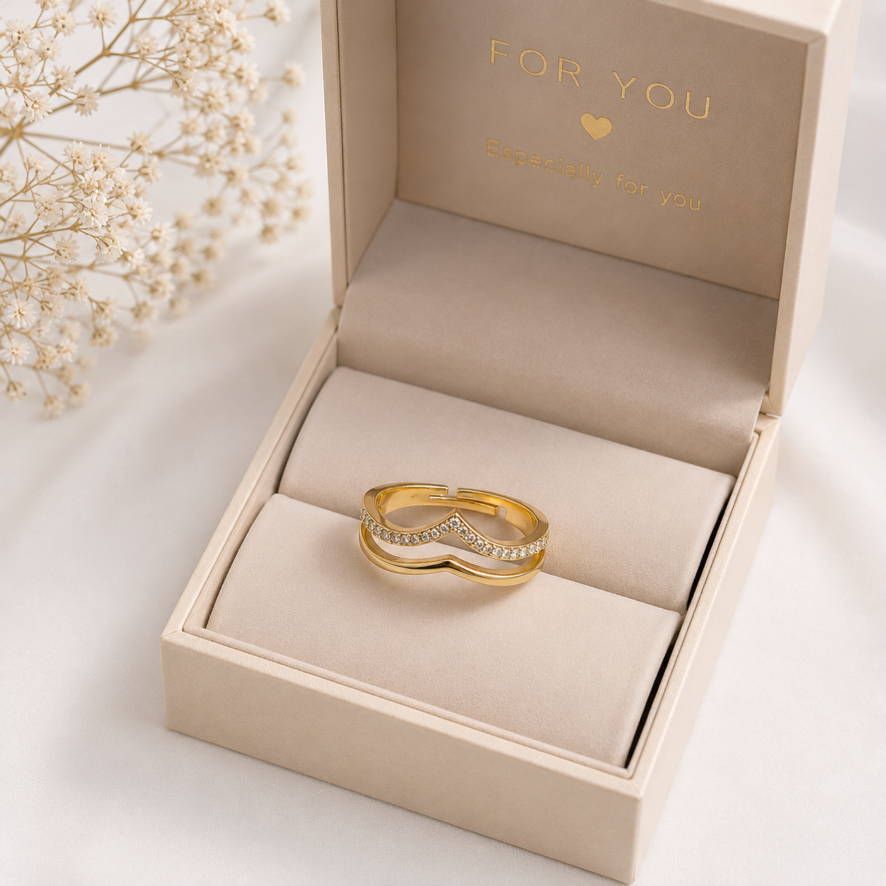 Premium Gold-Plated Crystal Chevron Adjustable Ring for Women