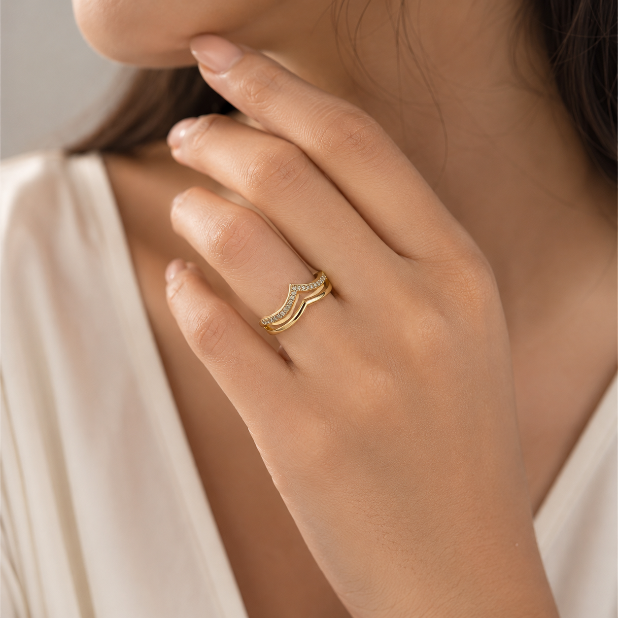 Premium Gold-Plated Crystal Chevron Adjustable Ring for Women