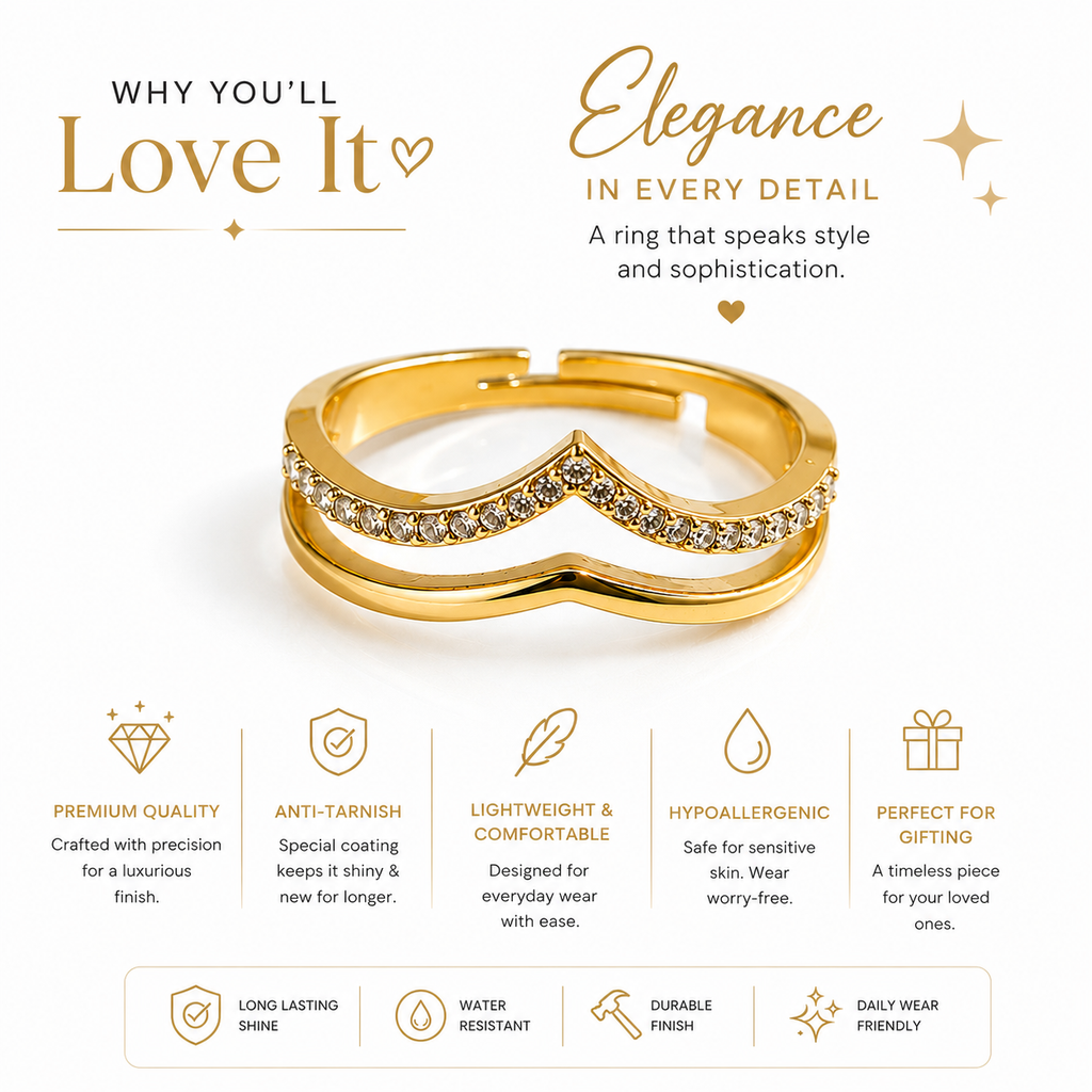 Premium Gold-Plated Crystal Chevron Adjustable Ring for Women