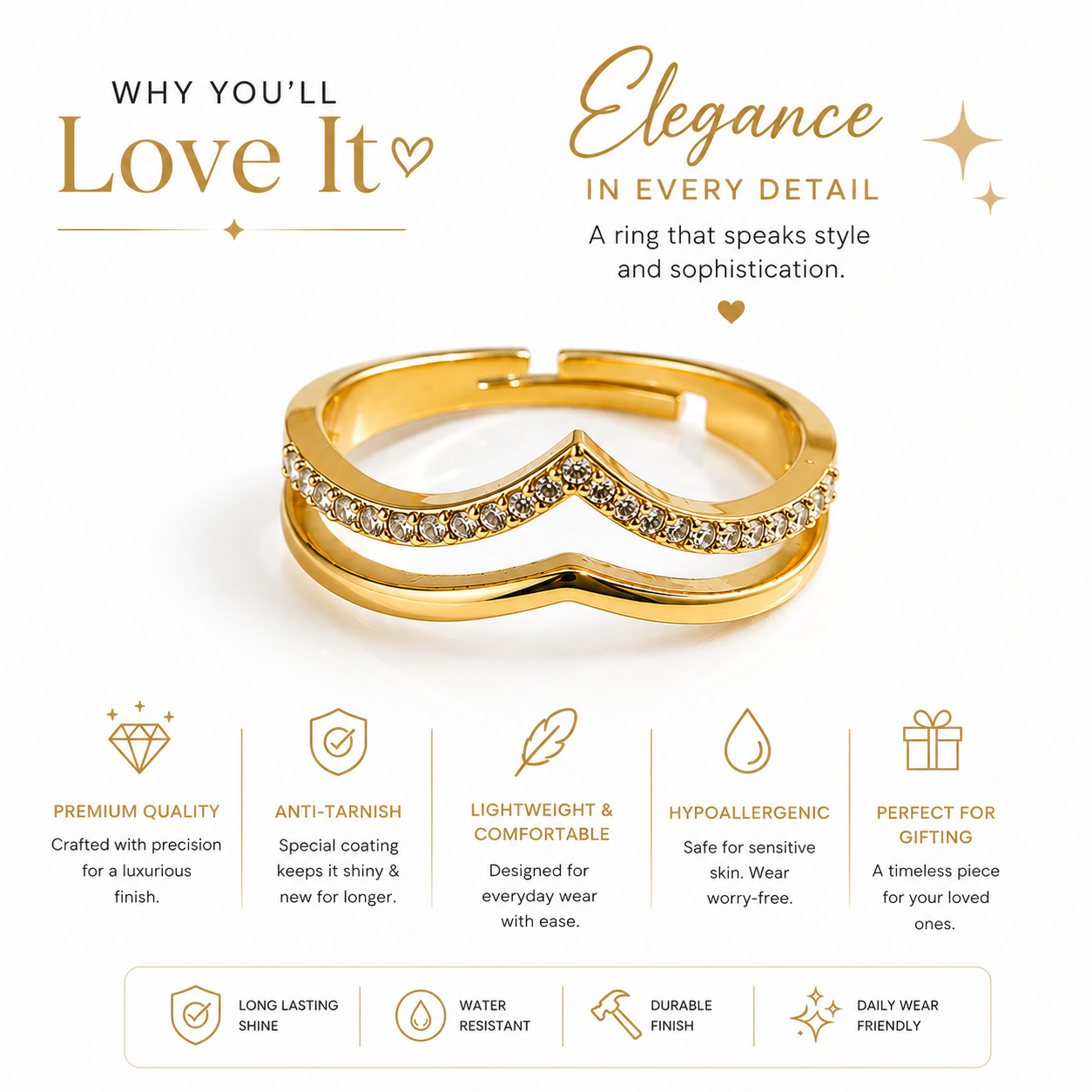 Premium Gold-Plated Crystal Chevron Adjustable Ring for Women