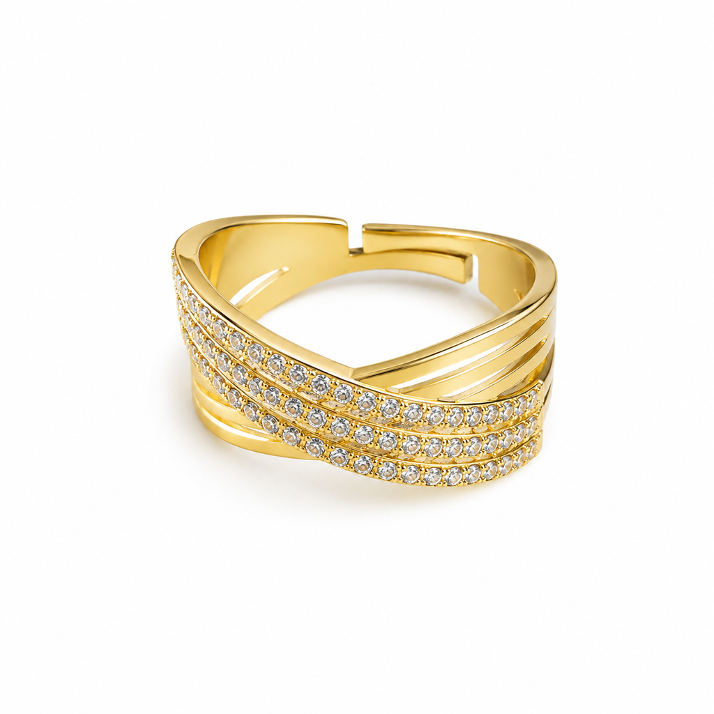 Premium Gold-Plated Crystal Crossover Adjustable Ring for Women