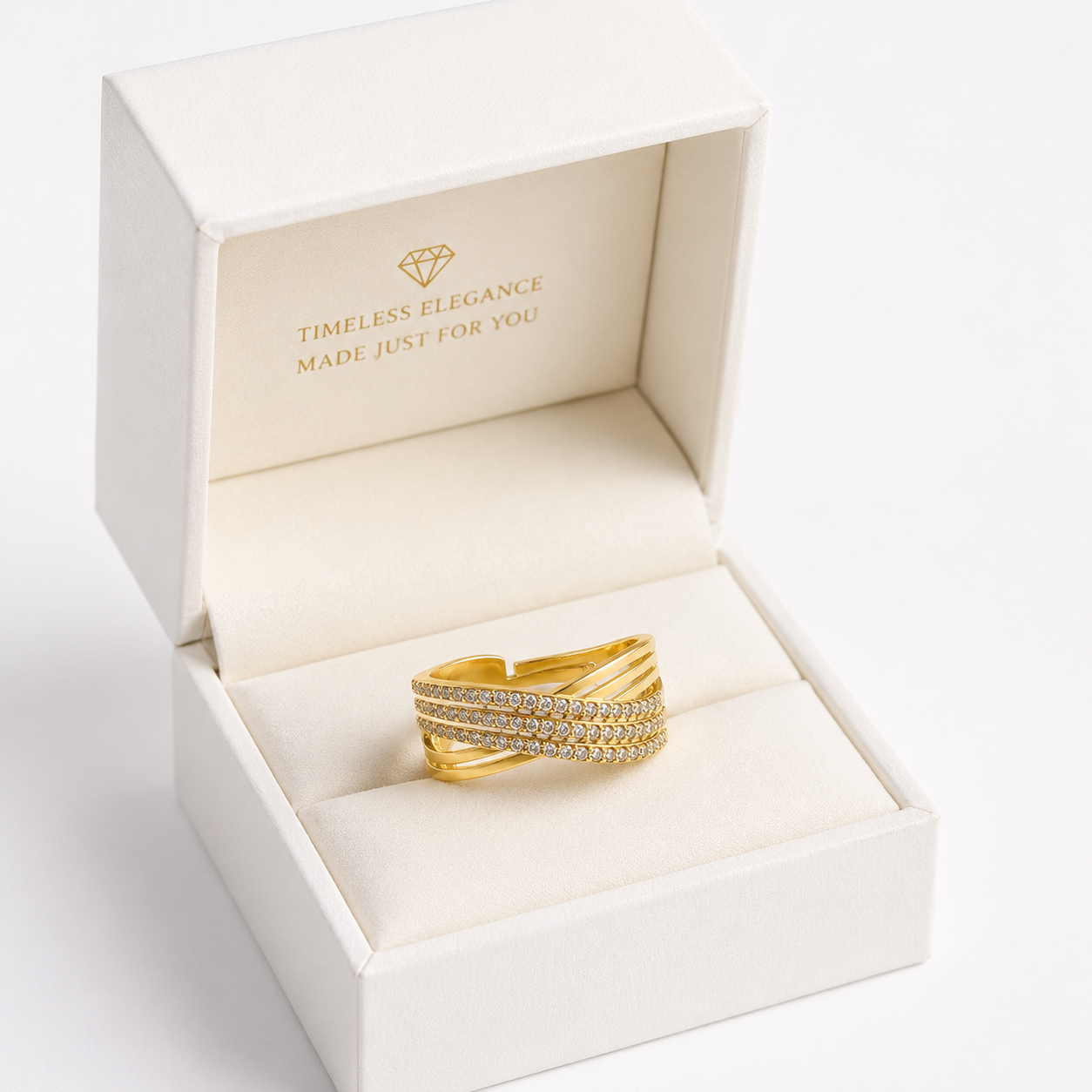 Premium Gold-Plated Crystal Crossover Adjustable Ring for Women