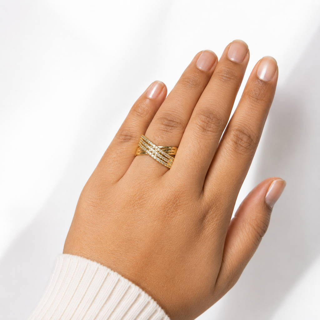 Premium Gold-Plated Crystal Crossover Adjustable Ring for Women