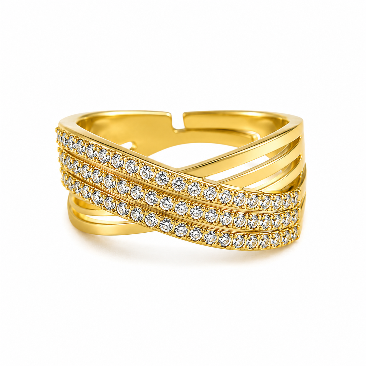 Premium Gold-Plated Crystal Crossover Adjustable Ring for Women