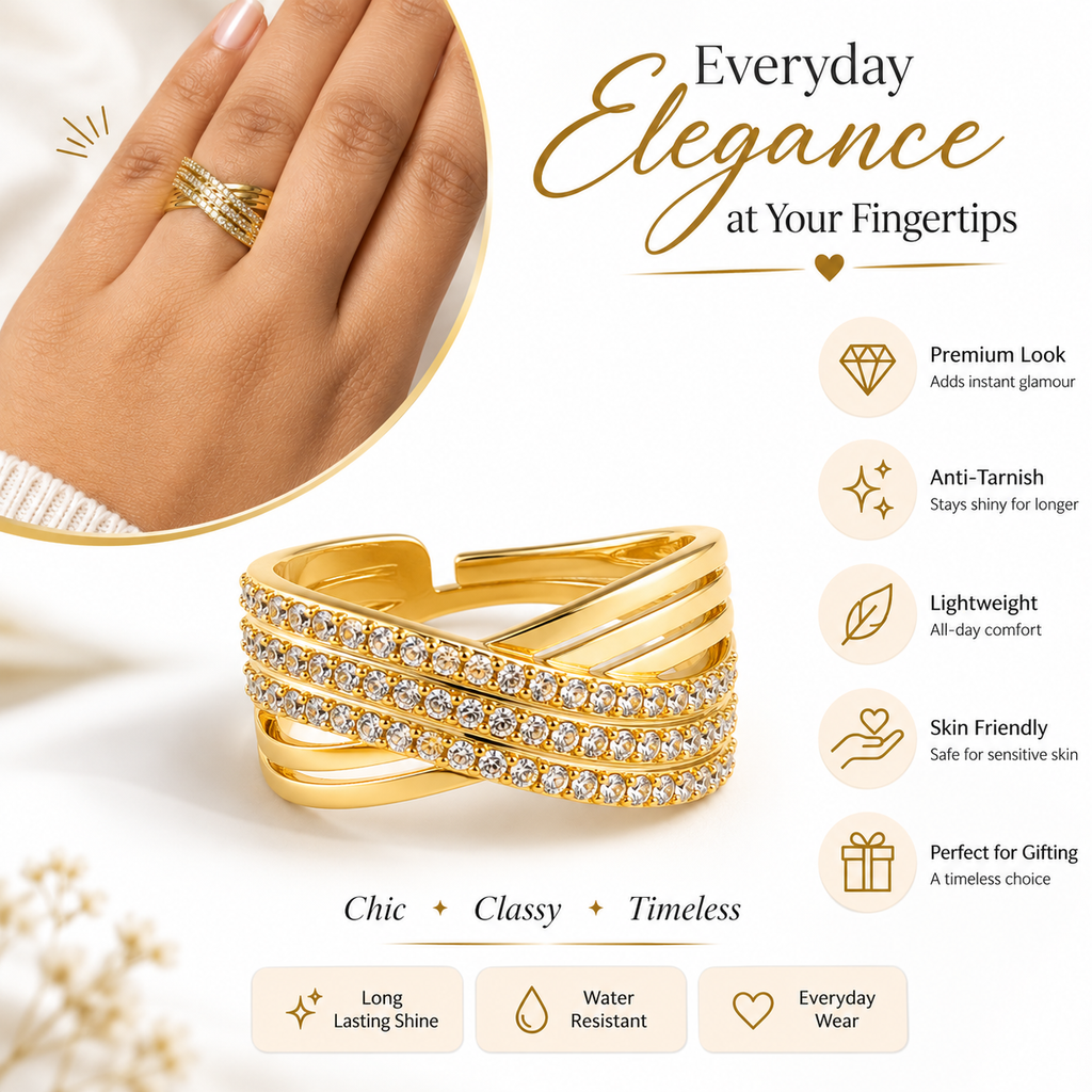 Premium Gold-Plated Crystal Crossover Adjustable Ring for Women