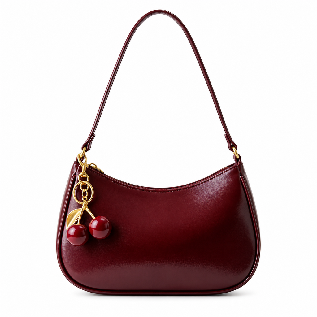 Cherry Charm Burgundy Shoulder Bag | Premium Glossy Leather Handbag for Women