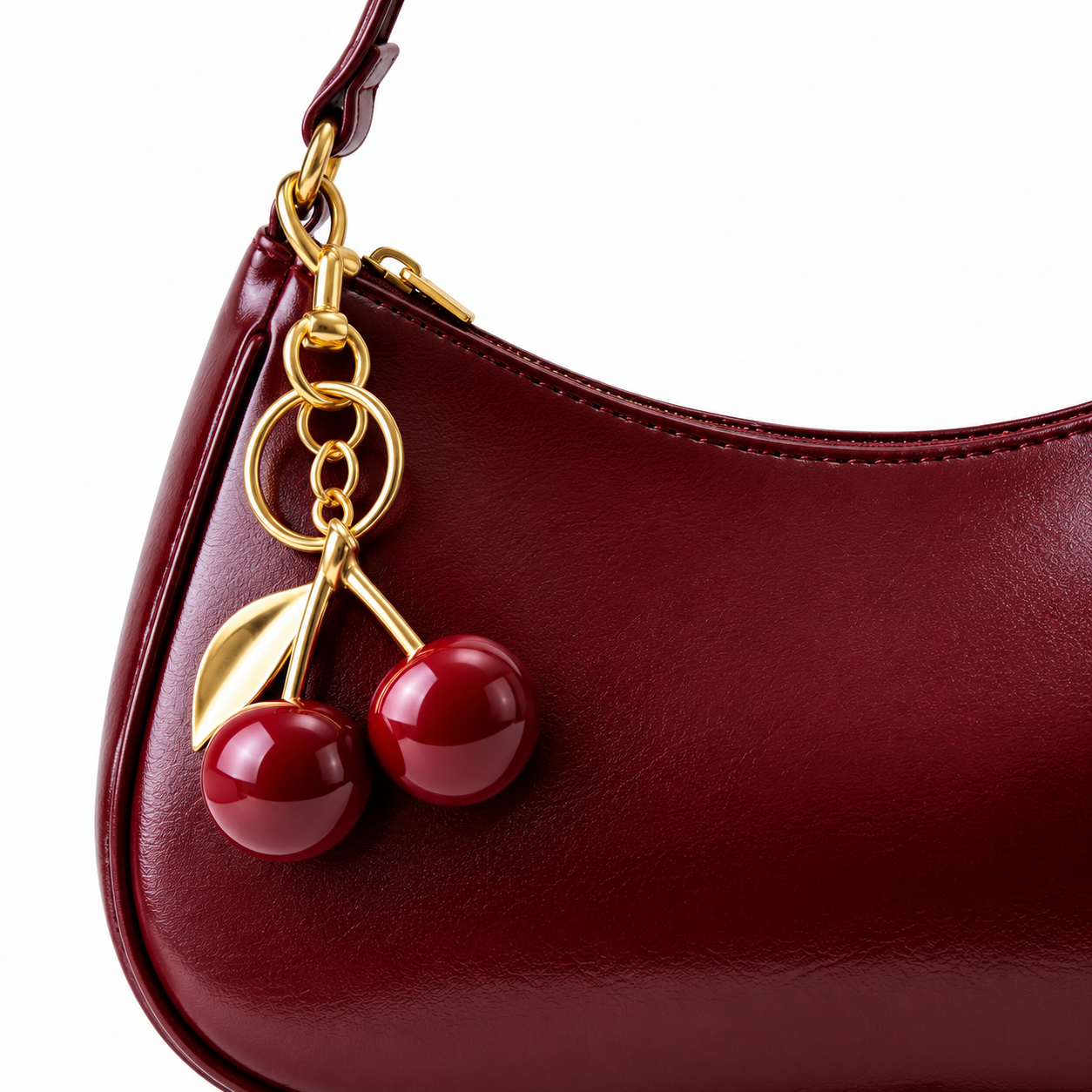 Cherry Charm Burgundy Shoulder Bag | Premium Glossy Leather Handbag for Women