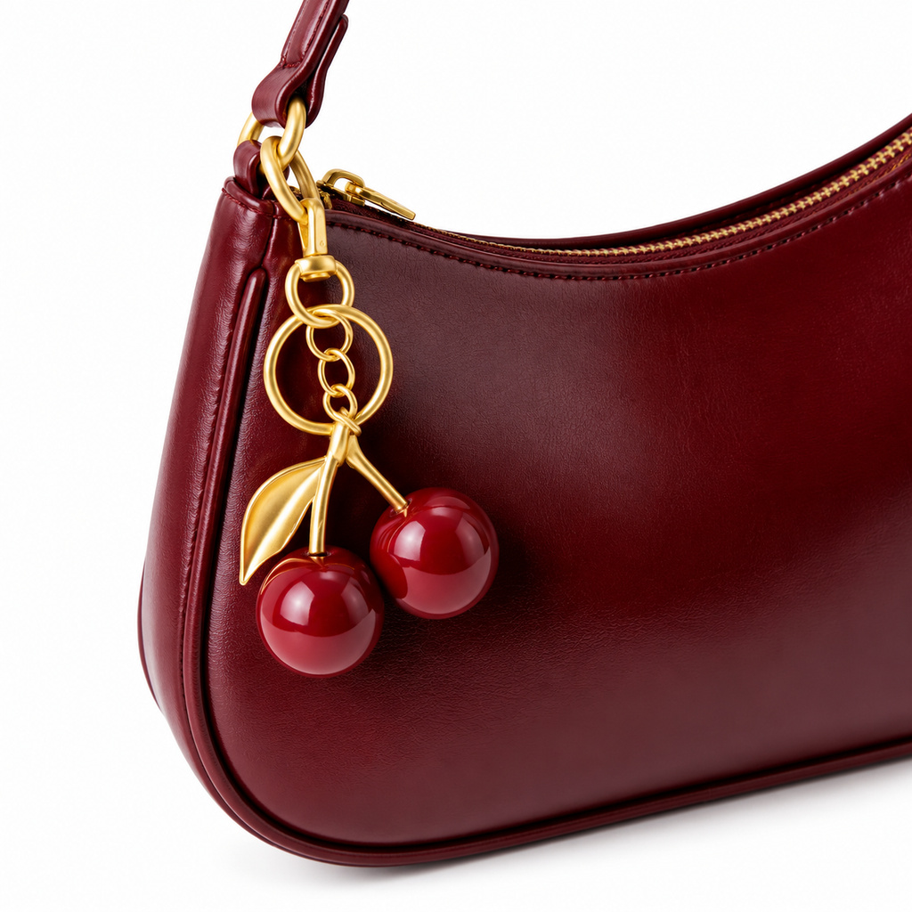 Cherry Charm Burgundy Shoulder Bag | Premium Glossy Leather Handbag for Women