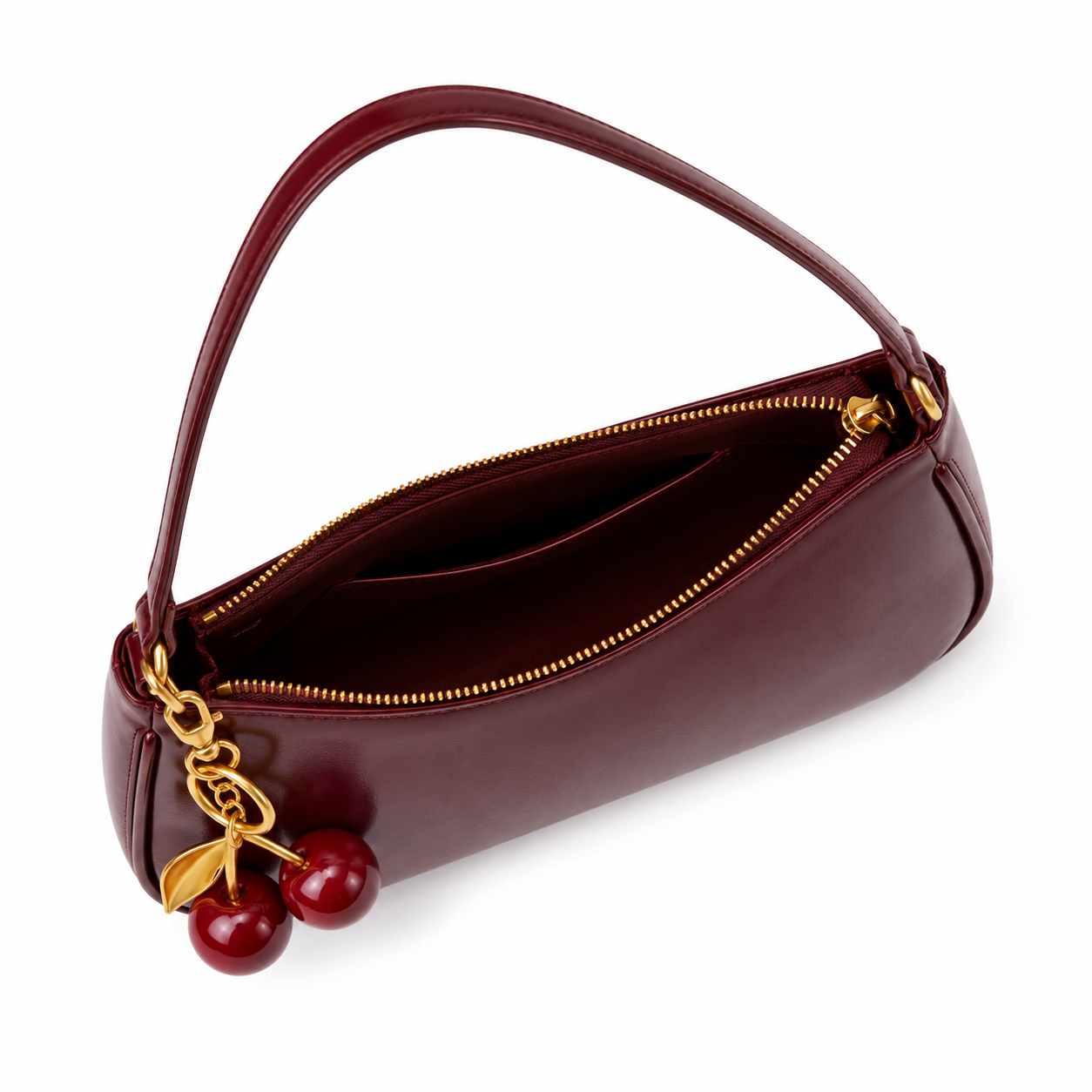 Cherry Charm Burgundy Shoulder Bag | Premium Glossy Leather Handbag for Women