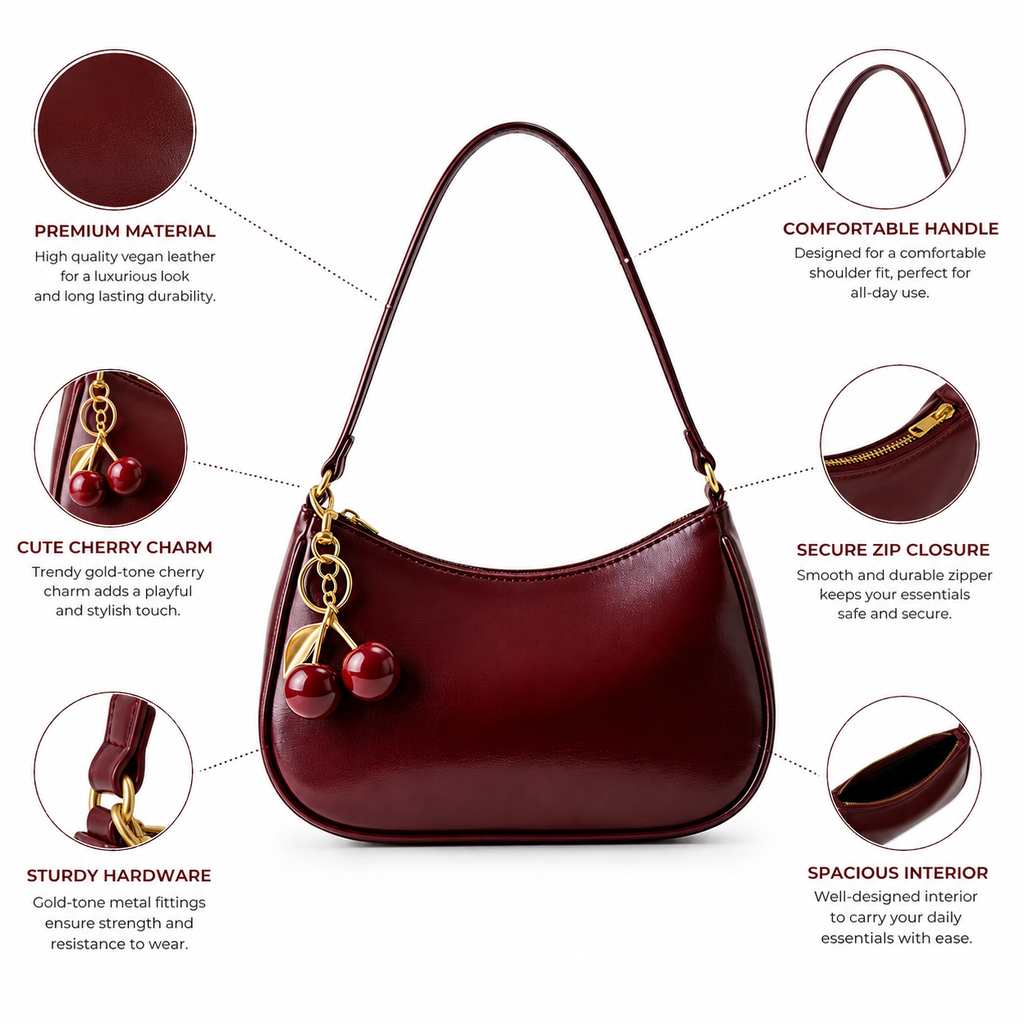 Cherry Charm Burgundy Shoulder Bag | Premium Glossy Leather Handbag for Women