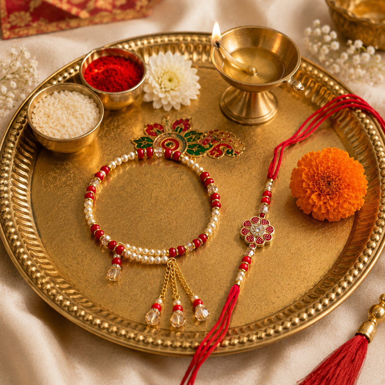 Premium Floral Bhaiya Bhabhi Rakhi Set with Pearl Lumba Bracelet