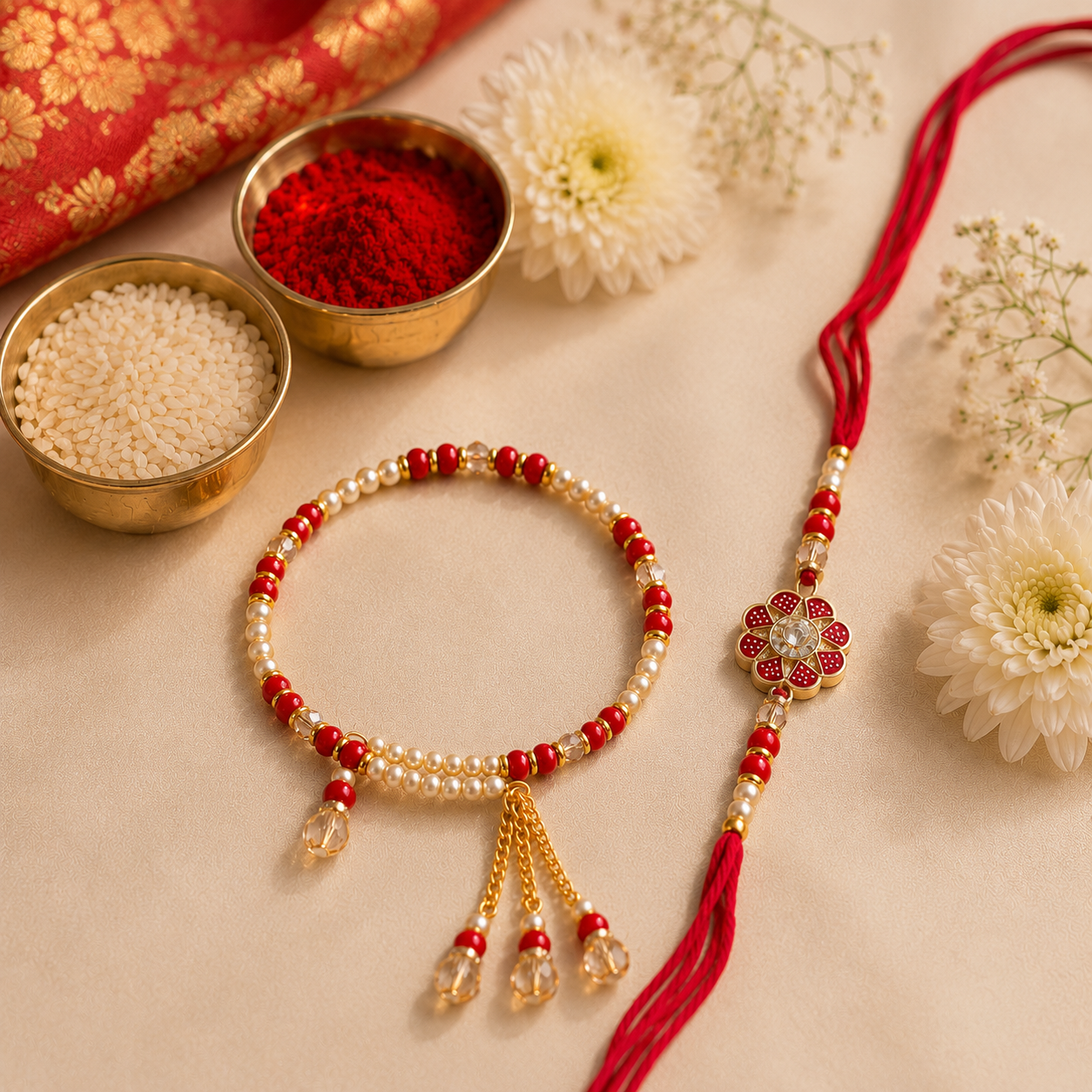 Premium Floral Bhaiya Bhabhi Rakhi Set with Pearl Lumba Bracelet