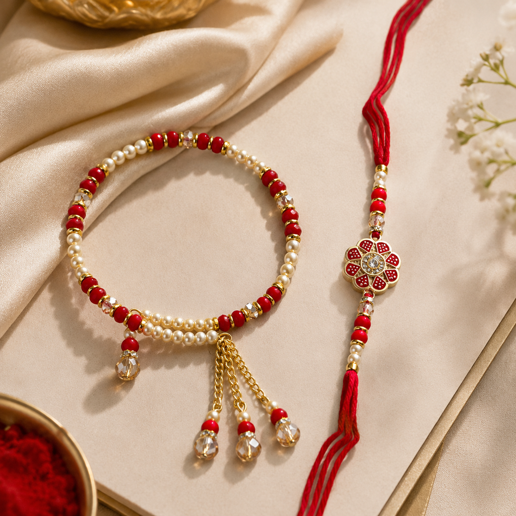 Premium Floral Bhaiya Bhabhi Rakhi Set with Pearl Lumba Bracelet