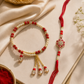 Premium Floral Bhaiya Bhabhi Rakhi Set with Pearl Lumba Bracelet