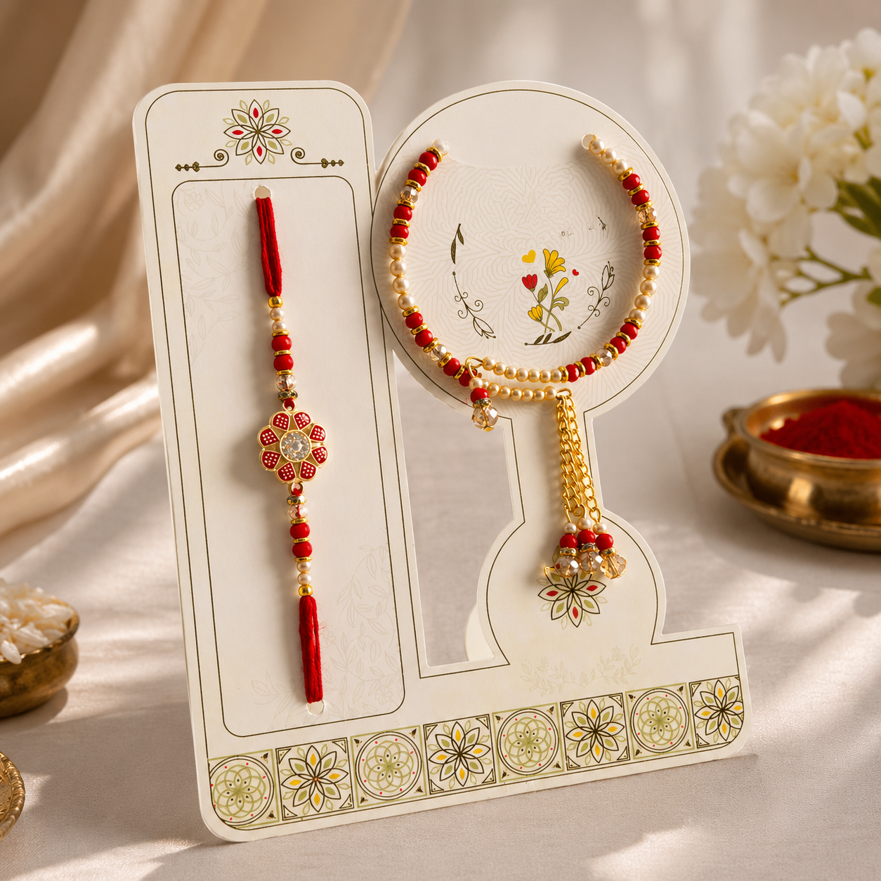 Premium Floral Bhaiya Bhabhi Rakhi Set with Pearl Lumba Bracelet