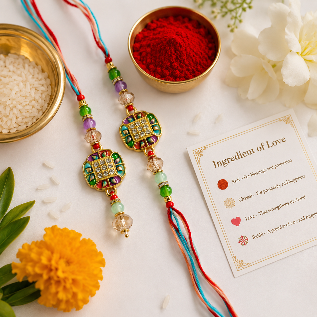 Premium Multicolor Designer Bhaiya Bhabhi Rakhi Set with Crystal Lumba