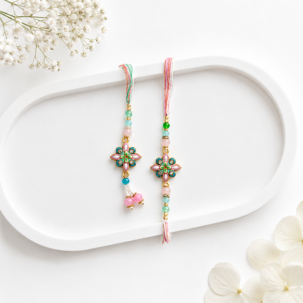 Premium Pastel Floral Bhaiya Bhabhi Rakhi Set with Designer Lumba