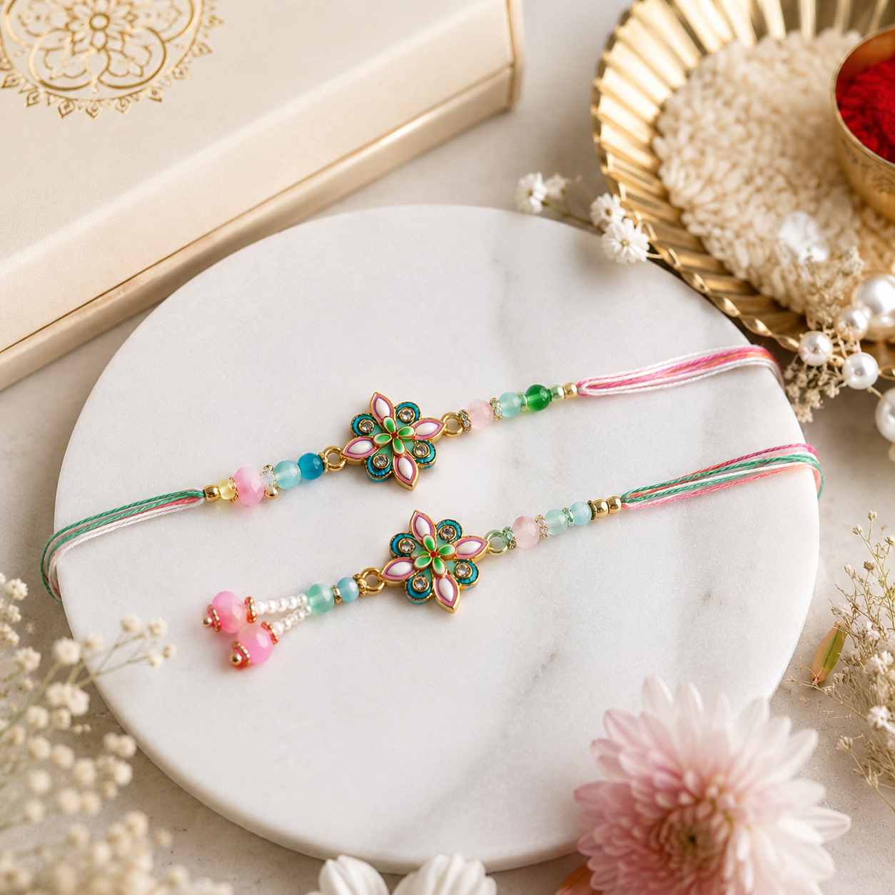 Premium Pastel Floral Bhaiya Bhabhi Rakhi Set with Designer Lumba