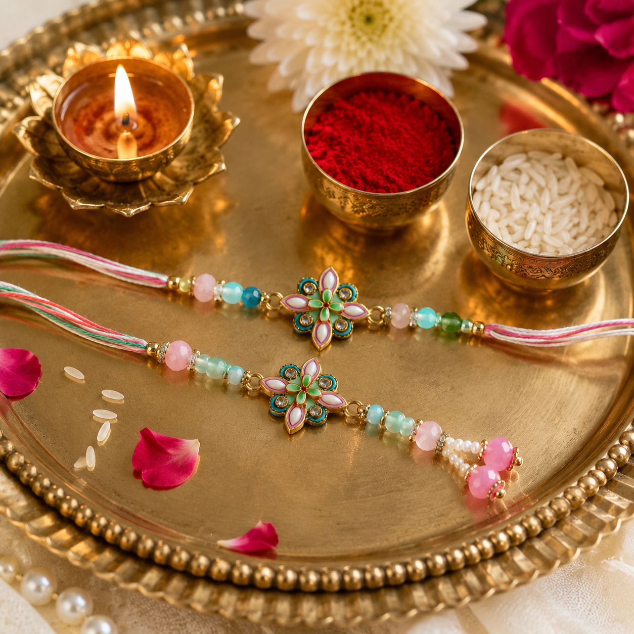 Premium Pastel Floral Bhaiya Bhabhi Rakhi Set with Designer Lumba