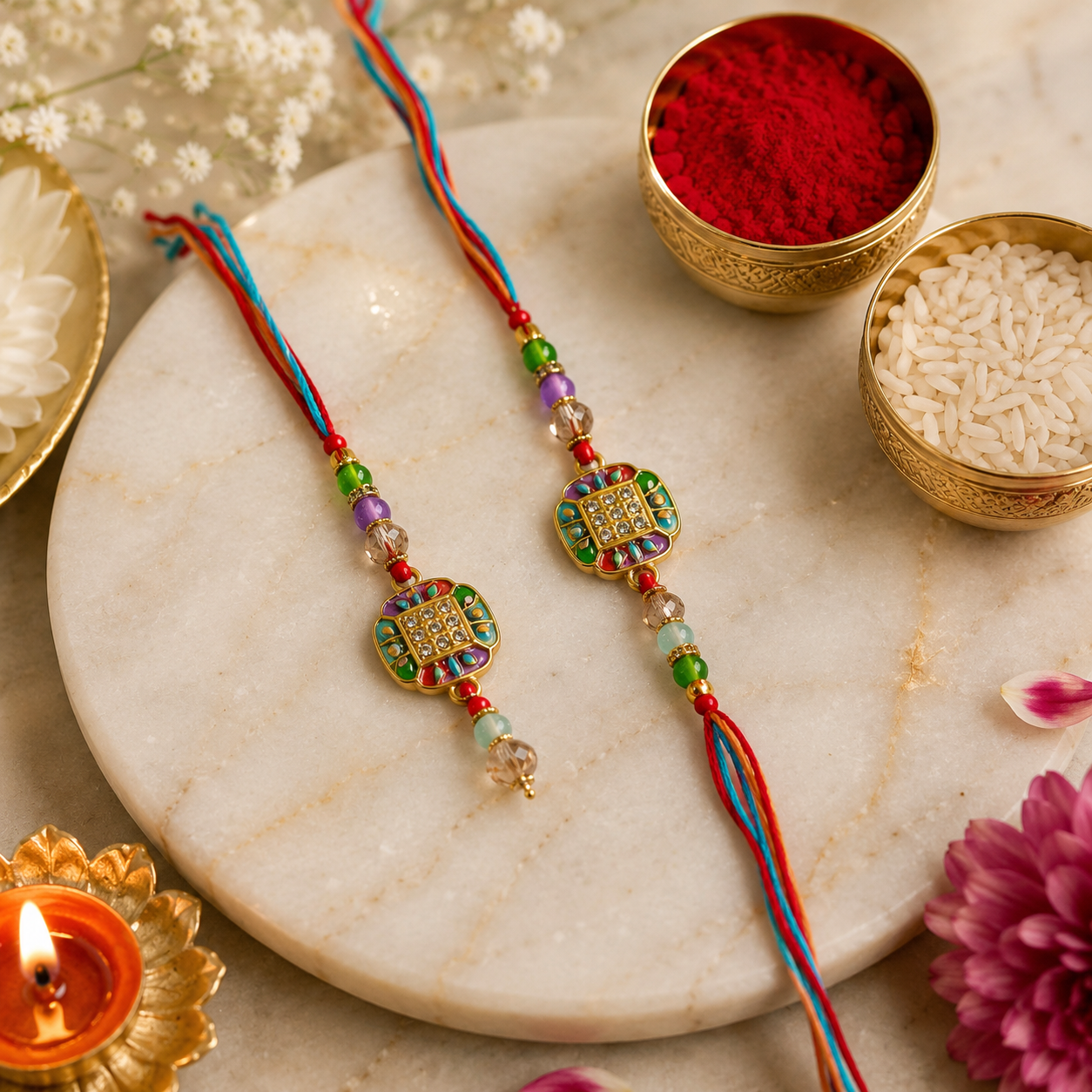 Premium Multicolor Designer Bhaiya Bhabhi Rakhi Set with Crystal Lumba