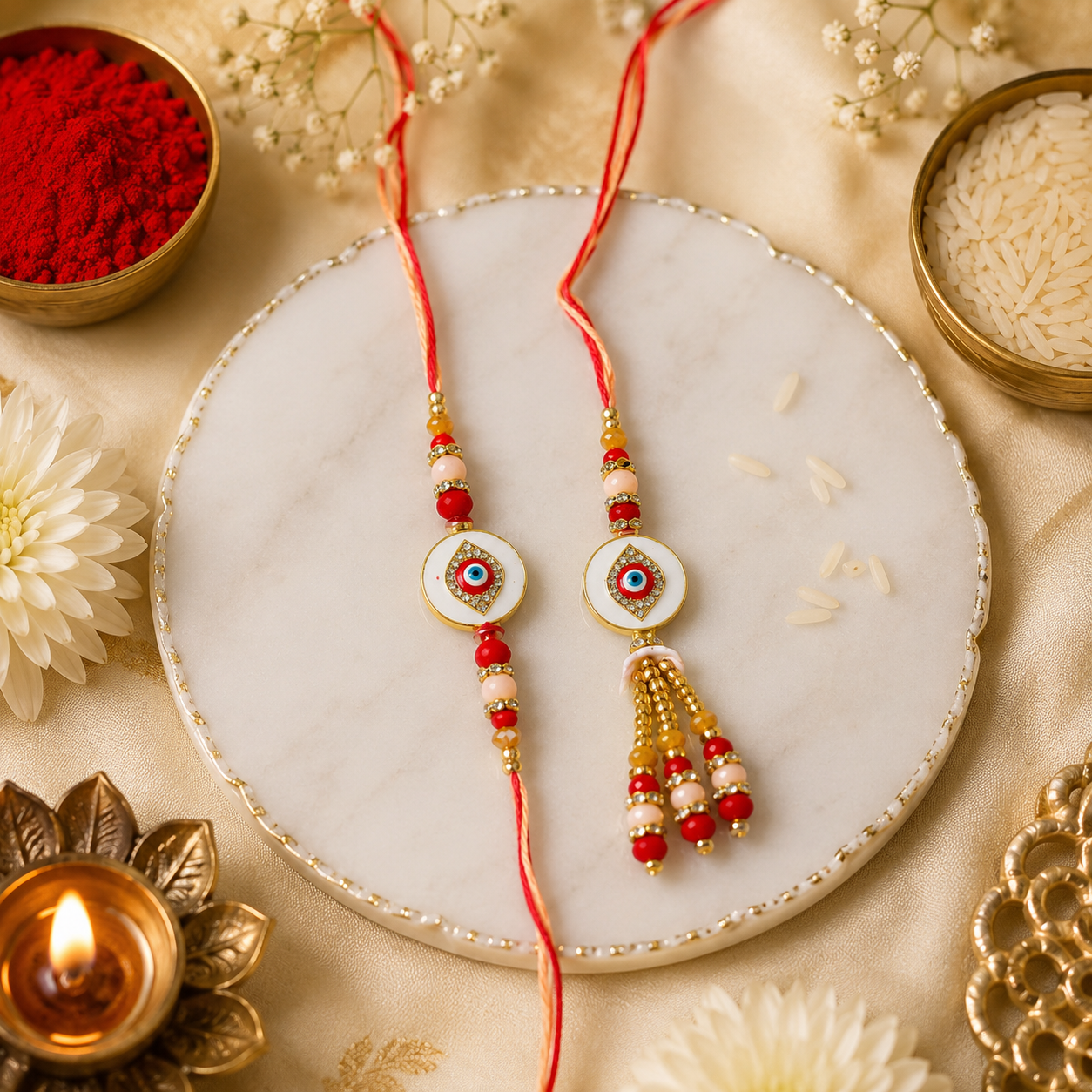 Premium Evil Eye Bhaiya Bhabhi Rakhi Set with Designer Lumba Tassel