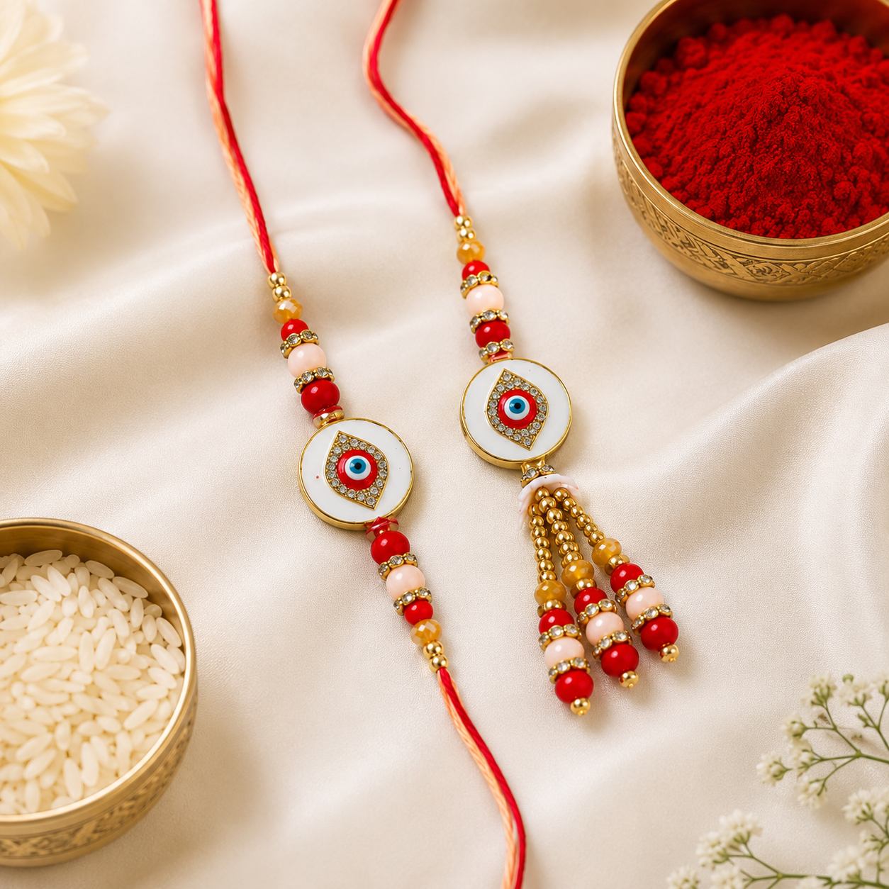 Premium Evil Eye Bhaiya Bhabhi Rakhi Set with Designer Lumba Tassel