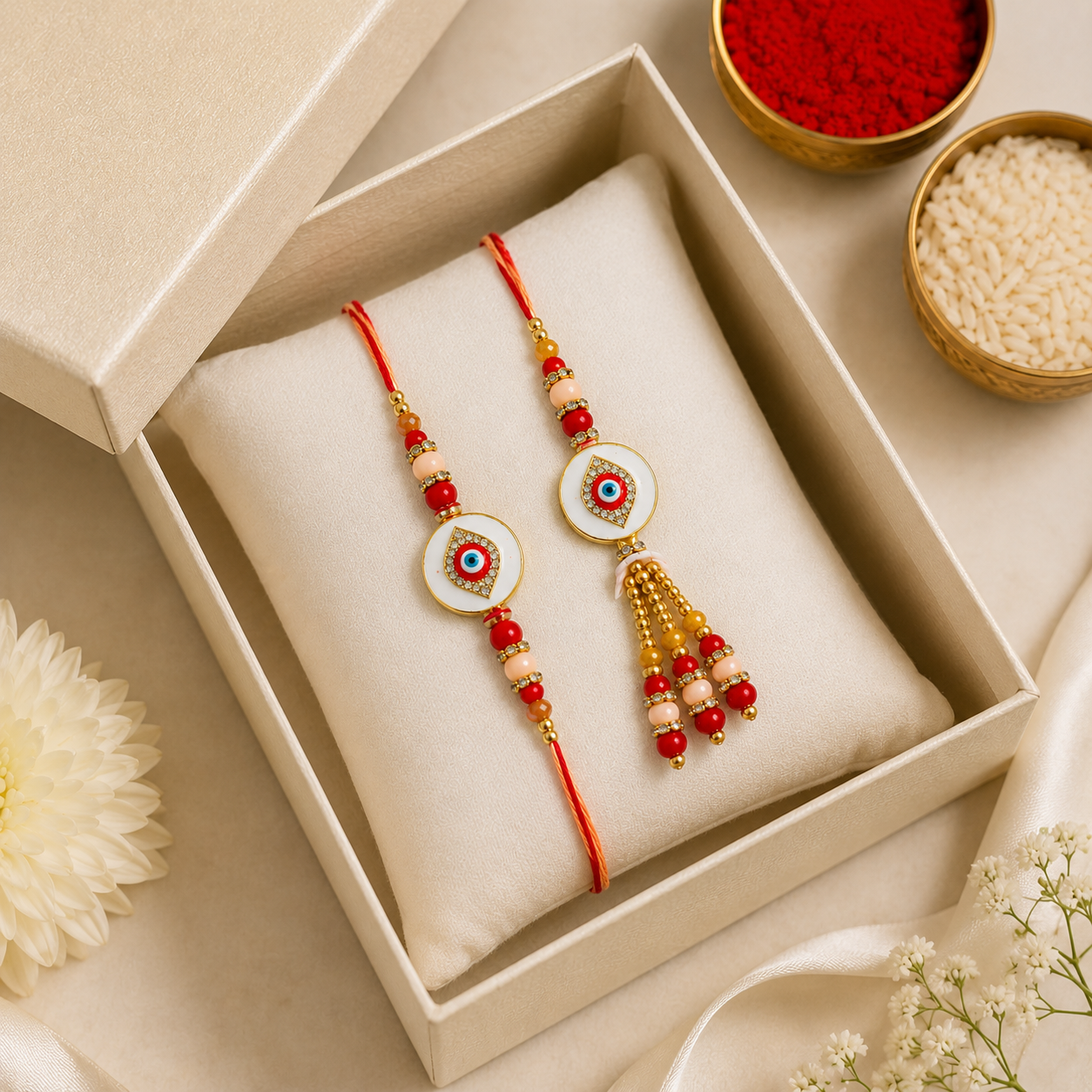 Premium Evil Eye Bhaiya Bhabhi Rakhi Set with Designer Lumba Tassel