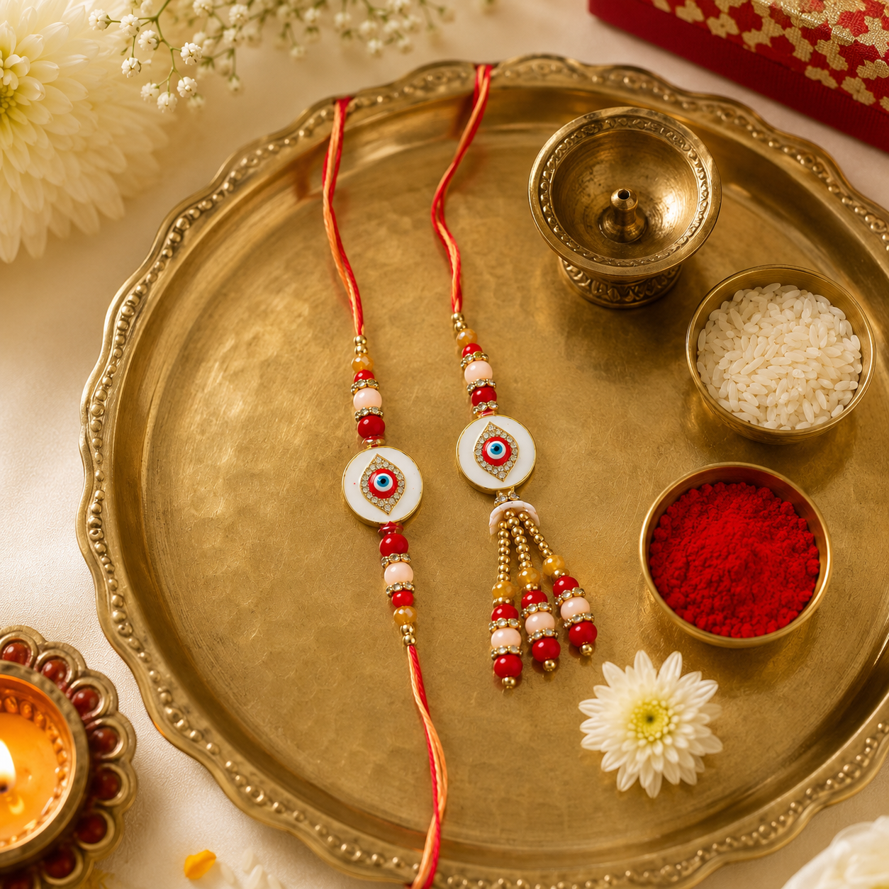 Premium Evil Eye Bhaiya Bhabhi Rakhi Set with Designer Lumba Tassel