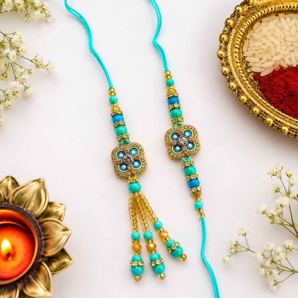 Premium Turquoise Floral Bhaiya Bhabhi Rakhi Set with Designer Lumba Tassel