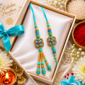 Premium Turquoise Floral Bhaiya Bhabhi Rakhi Set with Designer Lumba Tassel