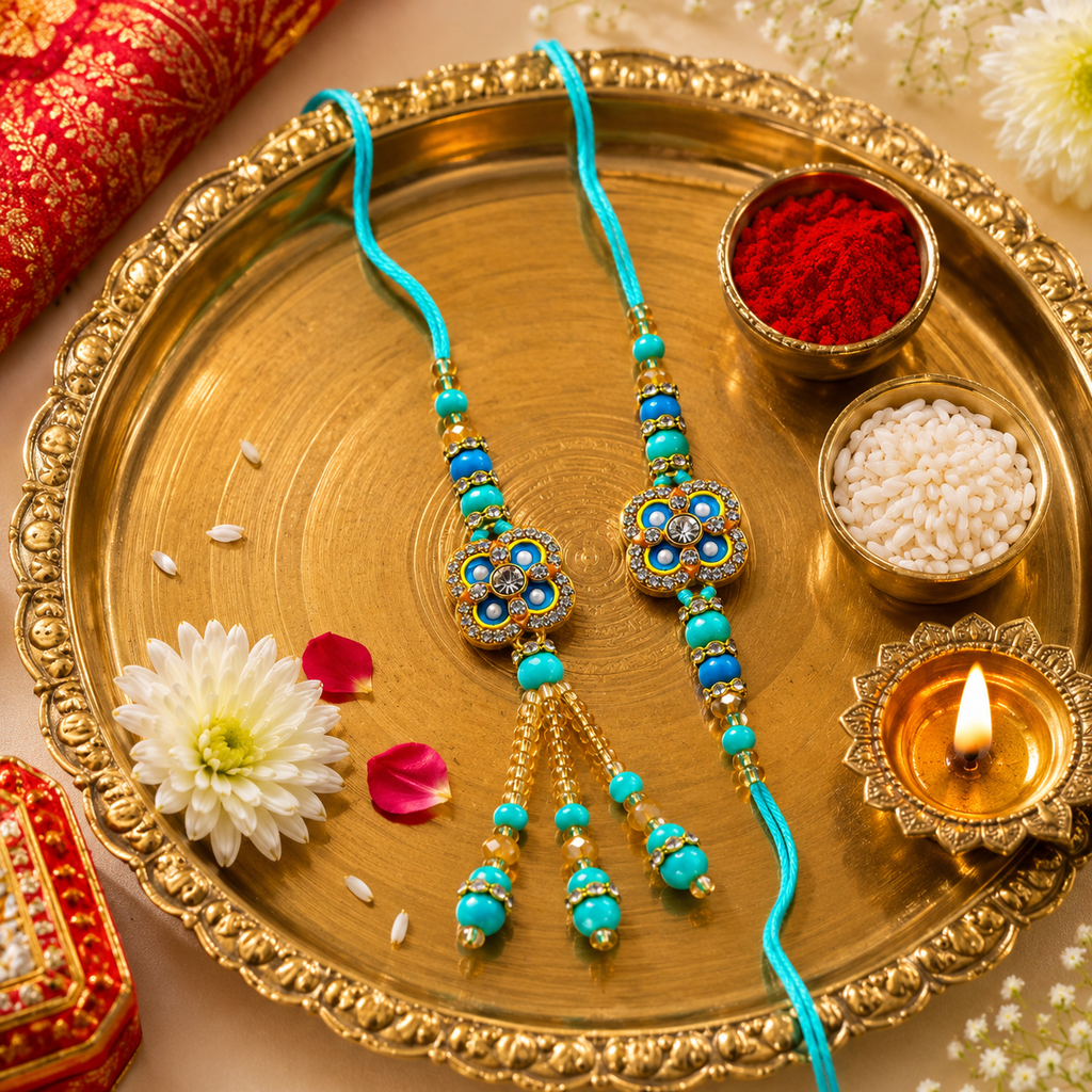 Premium Turquoise Floral Bhaiya Bhabhi Rakhi Set with Designer Lumba Tassel