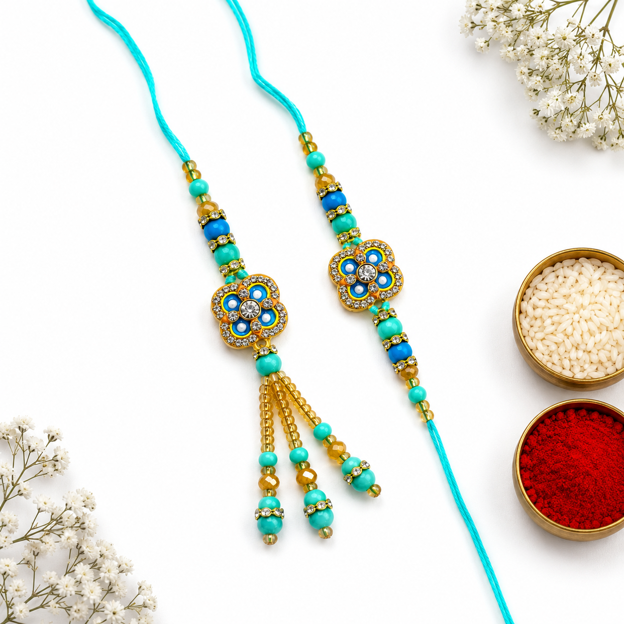 Premium Turquoise Floral Bhaiya Bhabhi Rakhi Set with Designer Lumba Tassel