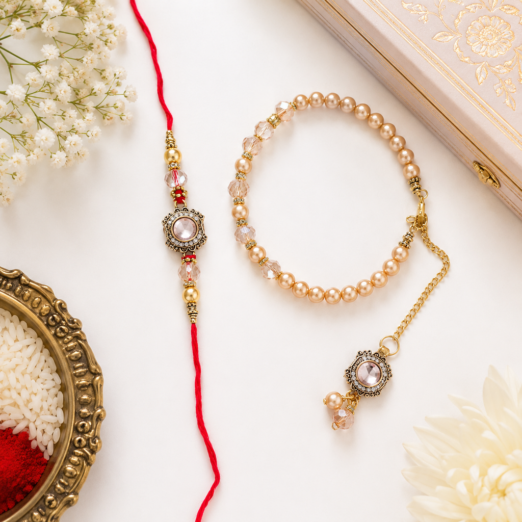 Premium Pearl Bhaiya Bhabhi Rakhi Set with Designer Pearl Lumba Bracelet