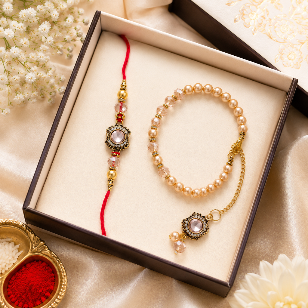 Premium Pearl Bhaiya Bhabhi Rakhi Set with Designer Pearl Lumba Bracelet