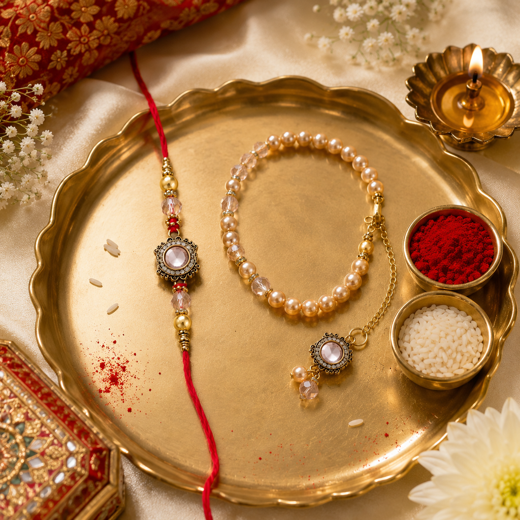 Premium Pearl Bhaiya Bhabhi Rakhi Set with Designer Pearl Lumba Bracelet