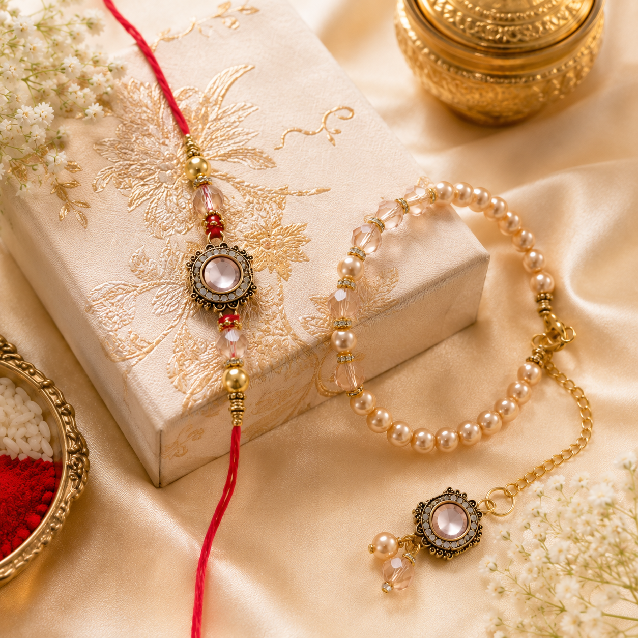 Premium Pearl Bhaiya Bhabhi Rakhi Set with Designer Pearl Lumba Bracelet