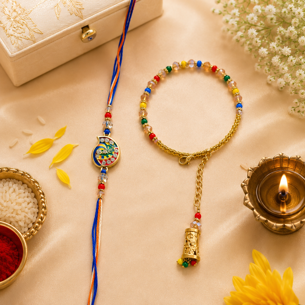 Premium Krishna Bhaiya Bhabhi Rakhi Set with Designer Bracelet Lumba